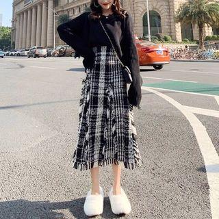 Set: Long-sleeve Knit Top + Plaid High-waist Skirt