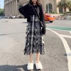 Set: Long-sleeve Knit Top + Plaid High-waist Skirt