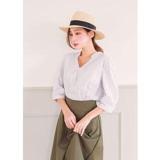 3/4-sleeve Open-placket Striped Top