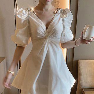 Elbow-sleeve Crinkled Mini A-line Dress