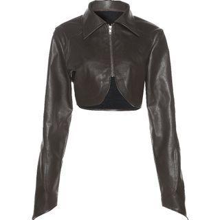 Faux Leather Cropped Jacket / Strapless Mini Sheath Dress