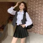 Buttoned Vest / Tie-neck Blouse / A-line Skirt