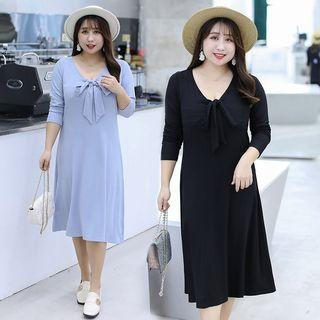 V-neck Tie-neck Long-sleeve Midi A-line Dress