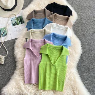 Plain V-neck Polo Neck Tank Top