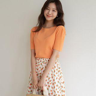 Plain Puff-shoulder Knit Top