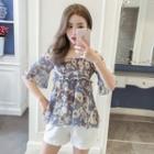 Square-neck Flower Print Elbow-sleeve Top