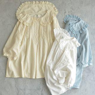 Elbow-sleeve Peter Pan-collar Plain Lace Cut-out Blouse