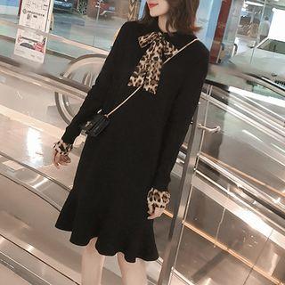 Leopard Print Bow Collared Knit Dress Black - One Size