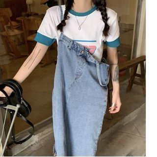 Short-sleeve Lettering T-shirt / Denim Midi Overall Dress