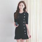 Elbow-sleeve Button-trim Dress