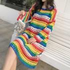 Striped Long-sleeve Knitted Midi Dress Multicolor - One Size
