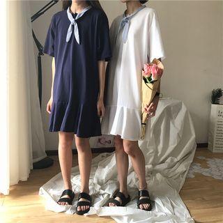 Tie-neck Ruffle Hem T-shirt Dress