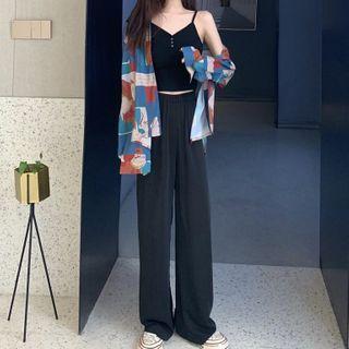 Cropped Camisole Top / Floral Print Shirt / Wide Leg Pants