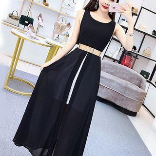 Crewneck Sleeveless Panel High-waist Chiffon Dress
