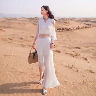 Set: Long-sleeve Cold Shoulder Top + Wide Leg Pants