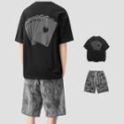 Elbow-sleeve Poker Print T-shirt / Tie-dyed Wide Leg Shorts