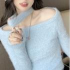Off-shoulder Halter Sweater Blue - One Size
