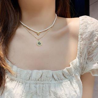 Heart Faux Pearl Choker Necklace Set Of 2 - One Size