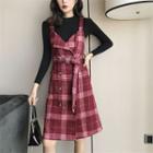 Long Sleeve Mock Neck Top / Plaid Buttoned Pinafore Dress