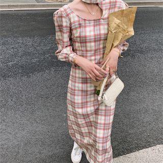3/4-sleeve Plaid Cutout-front Midi Dress