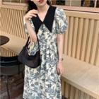 Short-sleeve Contrast Collar Floral Print A-line Dress