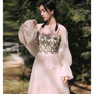 Set: Sleeveless Mesh A-line Midi Dress + Light Jacket