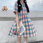 Short Sleeve Plaid Polo Dress As Shown In Figure - One Size