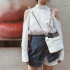 Set: Long-sleeve Cold-shoulder Mini Dress + Mini Slit Denim Skirt