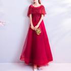 Elbow-sleeve Embellished Ball Gown