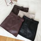 Plain High-waist Faux Leather Skirt With Belt