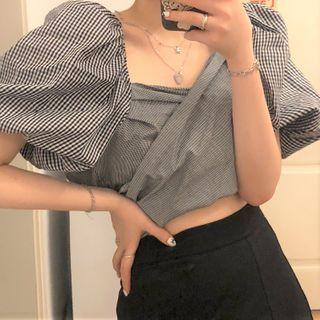 Puff-sleeve Plaid Top / A-line Skirt