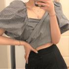 Puff-sleeve Plaid Top / A-line Skirt