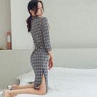 3/4-sleeve Plaid A-line Qipao Dress