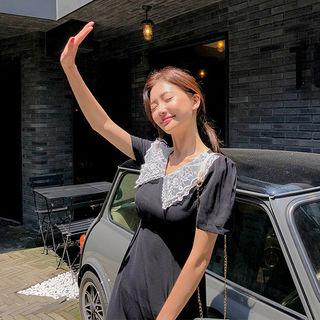 Lace-collar A-line Long Dress Black - One Size