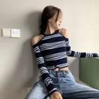 Cold-shoulder Striped Cropped Knit Top Blue - One Size