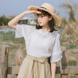 Plain Cut Out Shoulder Elbow Sleeve Blouse