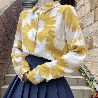 Long-sleeve Floral Shirt / Mini A-line Pleated Skirt