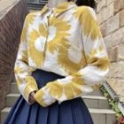 Long-sleeve Floral Shirt / Mini A-line Pleated Skirt