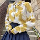 Long-sleeve Floral Shirt / Mini A-line Pleated Skirt