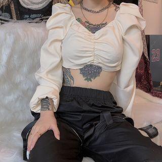 Long-sleeve Shirred-front Cropped Blouse