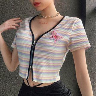Striped Zip-up Cropped T-shirt Stripes - Pink & Yellow & Purple - One Size