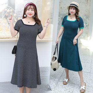 Short-sleeve Pinstriped Midi Dress
