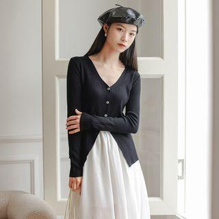 Set: V-neck Button-up Cardigan + Dip-back A-line Skirt