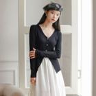 Set: V-neck Button-up Cardigan + Dip-back A-line Skirt