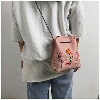 Faux-leather Embroiderd Mini Bucket Bag