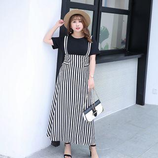 Set: Plain Short-sleeve T-shirt + Striped Maxi Suspender Dress