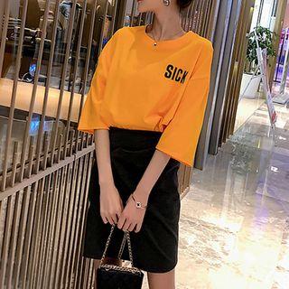 Set: Lettering Elbow-sleeve T-shirt + Side Tie Pencil Skirt
