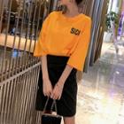 Set: Lettering Elbow-sleeve T-shirt + Side Tie Pencil Skirt