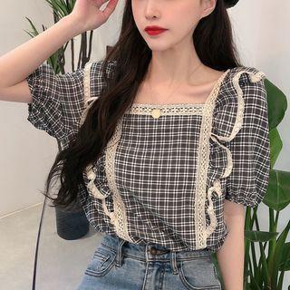 Puff-sleeve Plaid Lace Trim Top