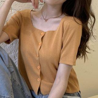 Short-sleeve Square-neck Cropped Knit Cardigan